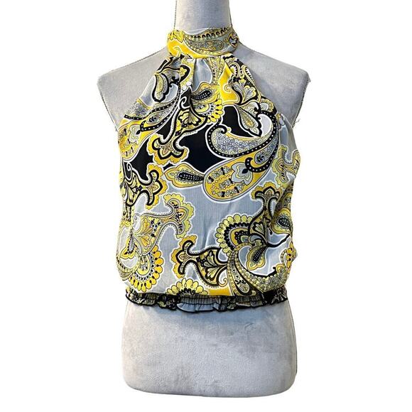 Do & Be Women’s Blouse Paisley Cropped Smocked Waist Tie Neck Y2k Party 70s - Picture 1 of 7